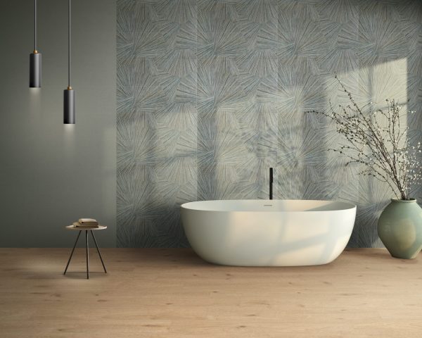 Modern bathroom interior with soil tone and green color walls, parquet floor, double sink, bathtub, plant.